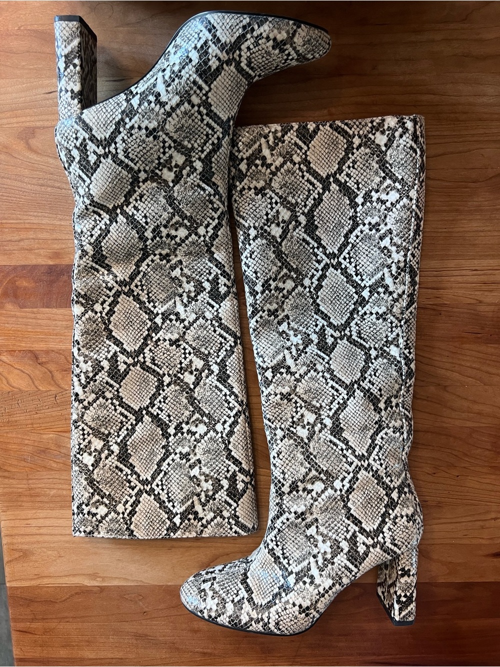 Zara Snake-Print Over-the-Knee Block Heel Boots - White/Black